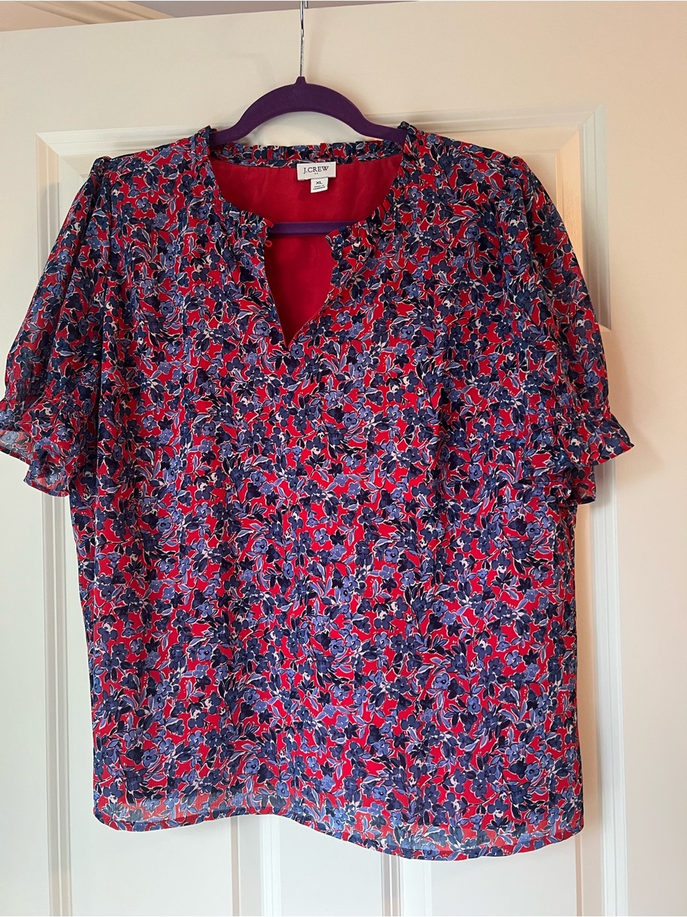 J. Crew Red and Navy Floral Tie-Neck Short Sleeve Blouse